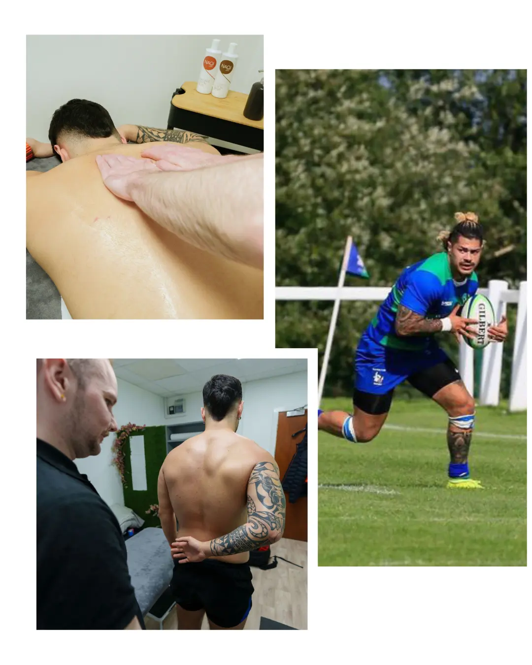 collage of local hamilton rugby player on the field and in sports therapy clinic